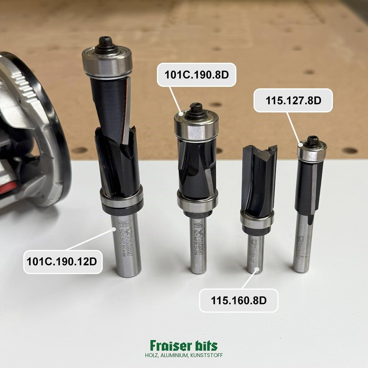 Fraiser Bündigfräser Besäumfräser mit 12 mm Oberlager für Holz, Derivate- und Laminatkanten für Handoberfräse und Oberfrästisch Up & Downcut