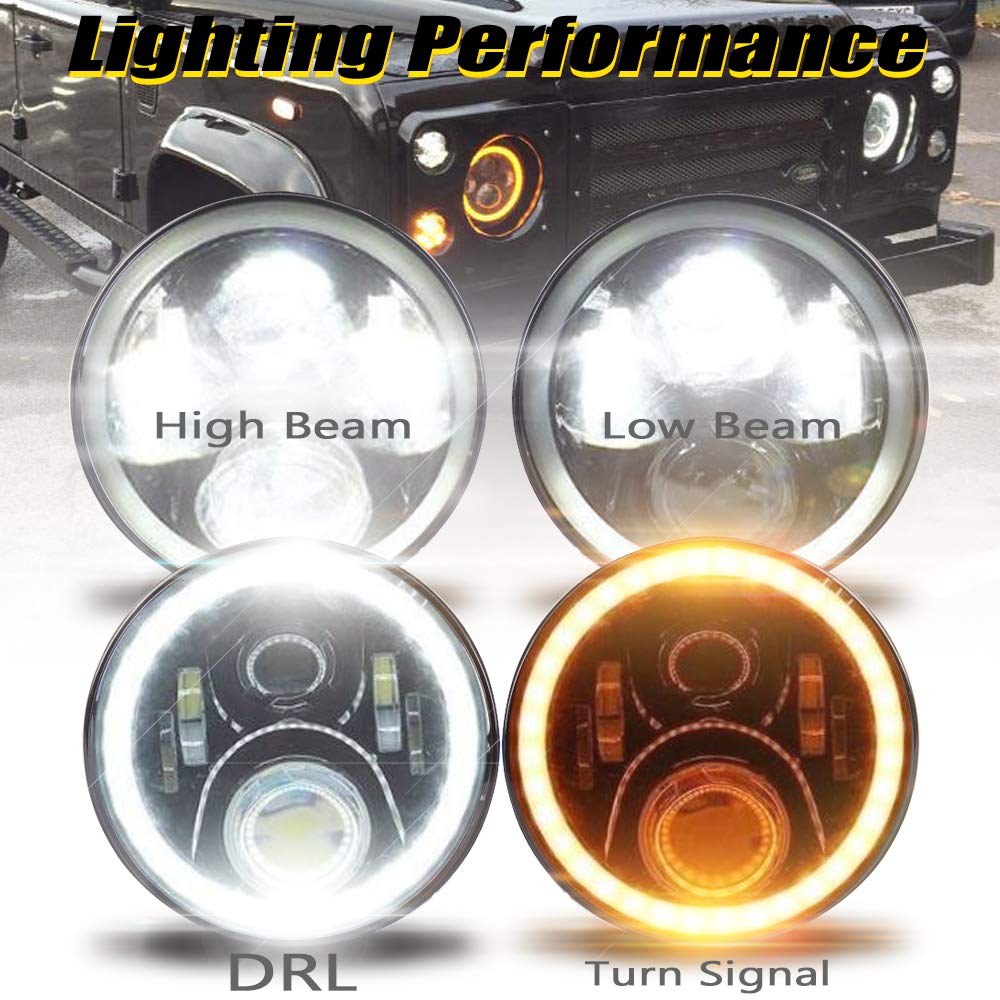 Fari auto a LED per luce di marcia diurna, con funzione abbagliante e anabbagliante, 17,8 cm, colore bianco, con anello alogeno, modello a occhi di angelo, per Defender 90/110