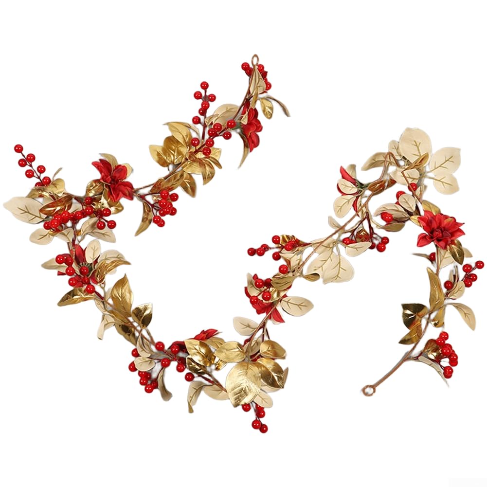 Guirlande de Noël houx rouge et feuilles dorées de 160 cm