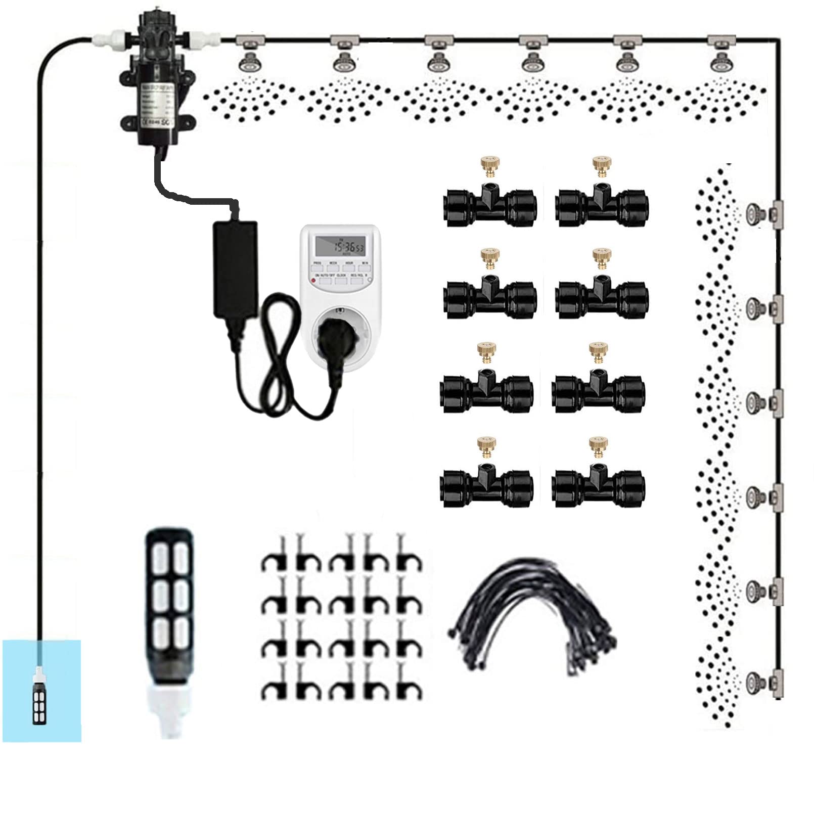 Nebulizzatore Giardino da Esterno con Pompa silenziosa 24v & timer, Kit di nebulizzazione con filtro, Sisteme di Raffreddamento for Patio, Sisteme Irrigazione Giardi(Size:30m/98.4fttube + 45 nozzles)
