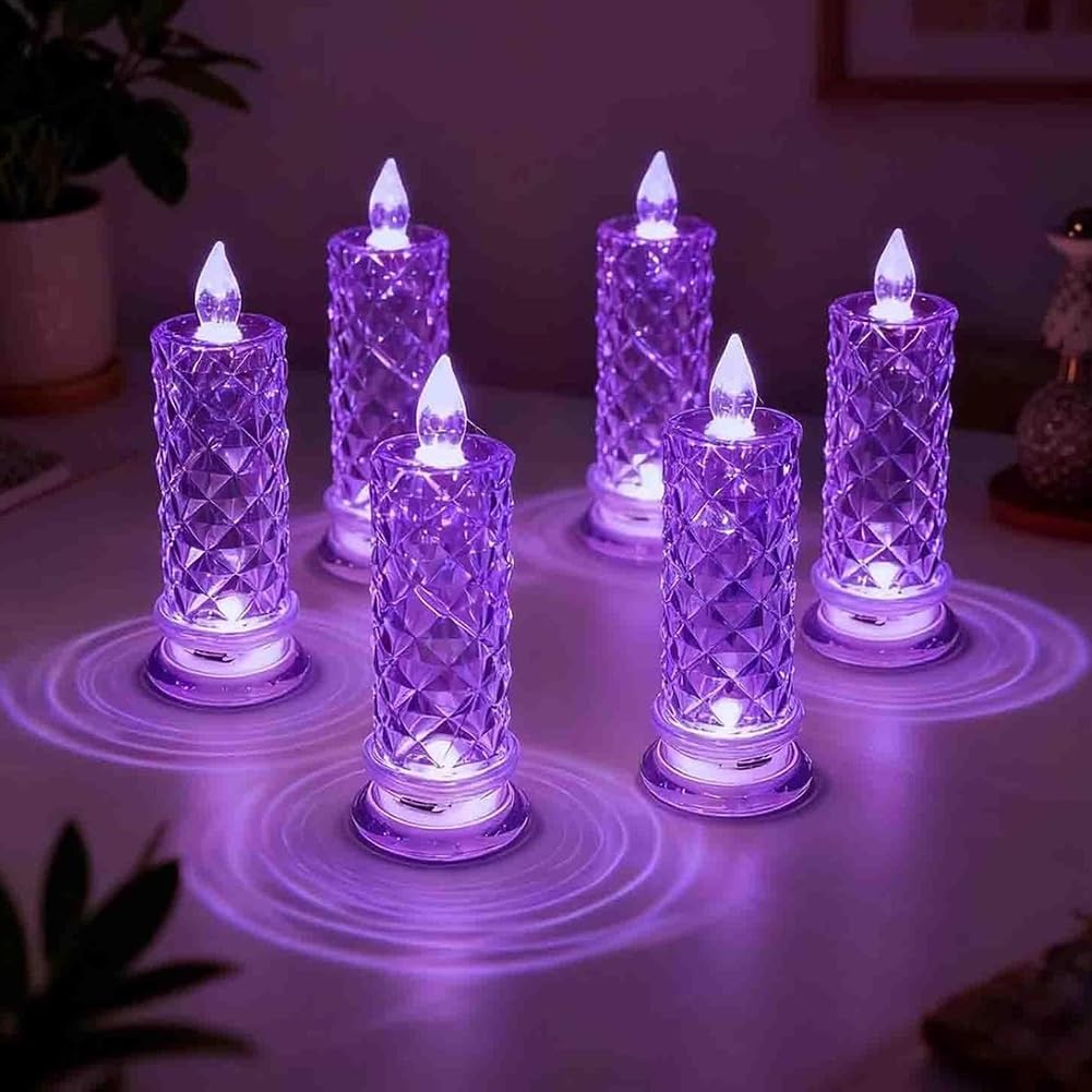LexTex Set of 4 LED Crystal Candle Lights, Flameless LED Candles, Rose Shadow LEDs Flameless Candles, Romantic Flameles Pillar Candle for Christmas Wedding Table Decorations(Purple,6PCS)