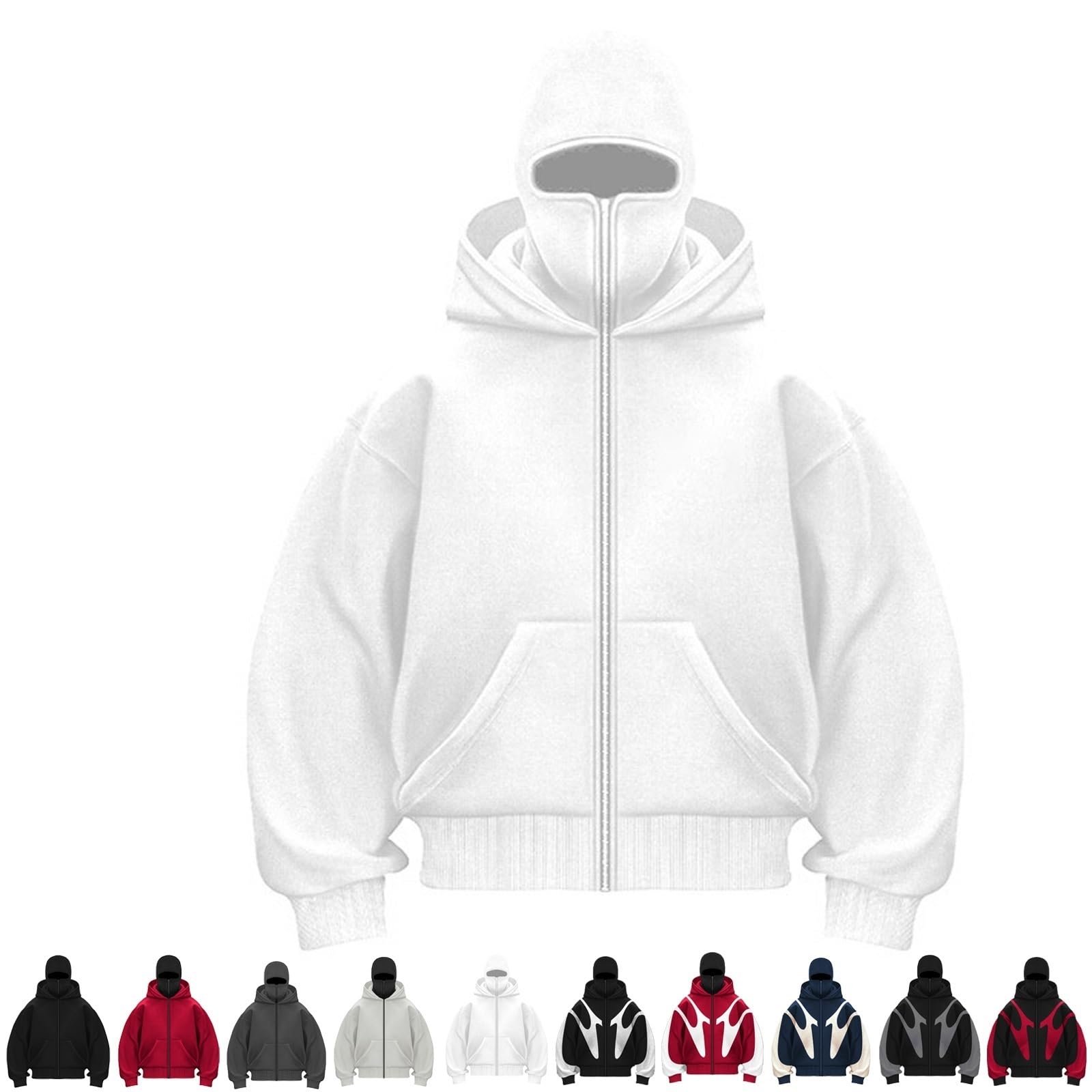 Cagoule à Capuche Avec Fermeture éclair, Coupe-vent D'hiver For Homme, Cagoule à Double Capuche En Polaire Avec Fermeture éclair Et Masque(Blanc,Small