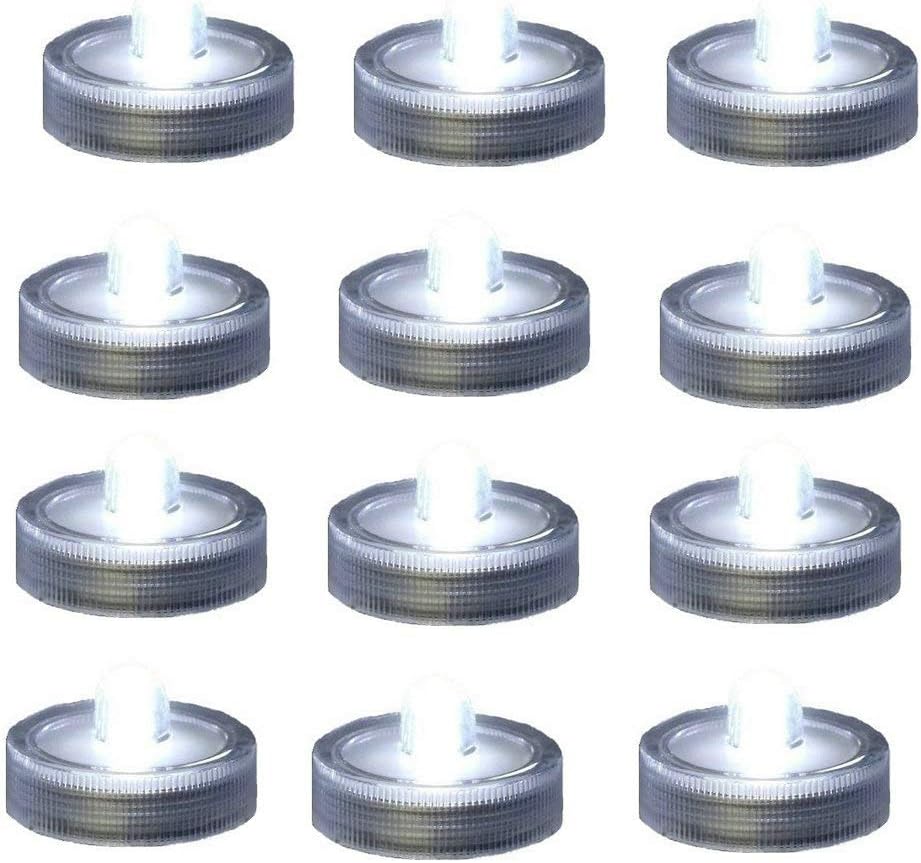 Bright LED Battery Operated Flameless Tea Light, Submersible Tea Candle Waterproof Decorations Underwater Vase Light for Party & Wedding, Pack of 12, Clear White