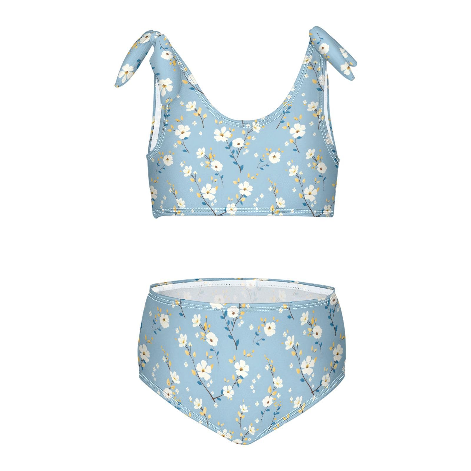 Blue Flower Pattern Girls Two Piece Tankini Swimsuits Summer Bathing Suit Beach Swimwear Set, 7-8T