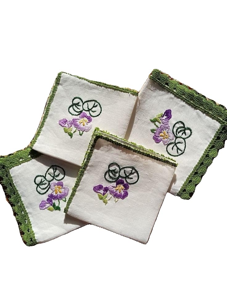 Shree adodhya set of 4 vintage style embroidered linen handkerchief - purple floral violets with green lace edging.-image-32