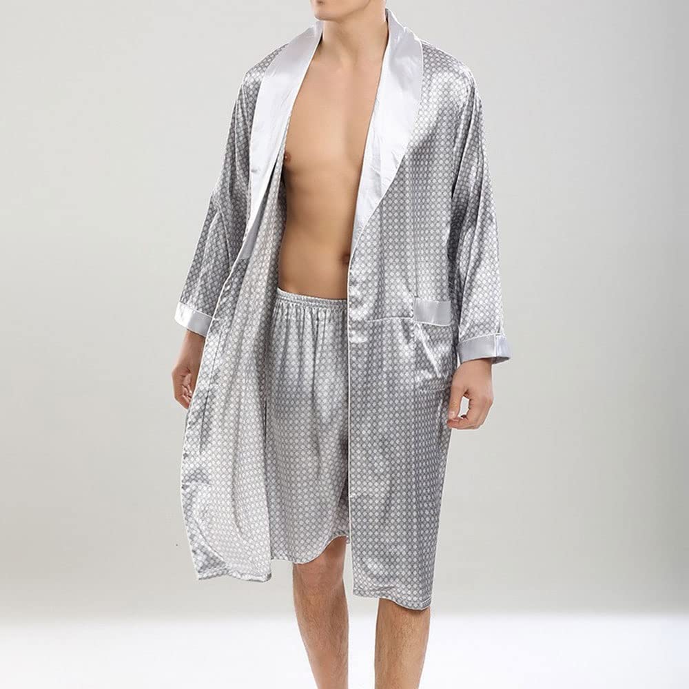 Męski satynowy szlafrok, lekki, kimono, komplet z szortami, szaro-L, szaro-L (rozmiar S)