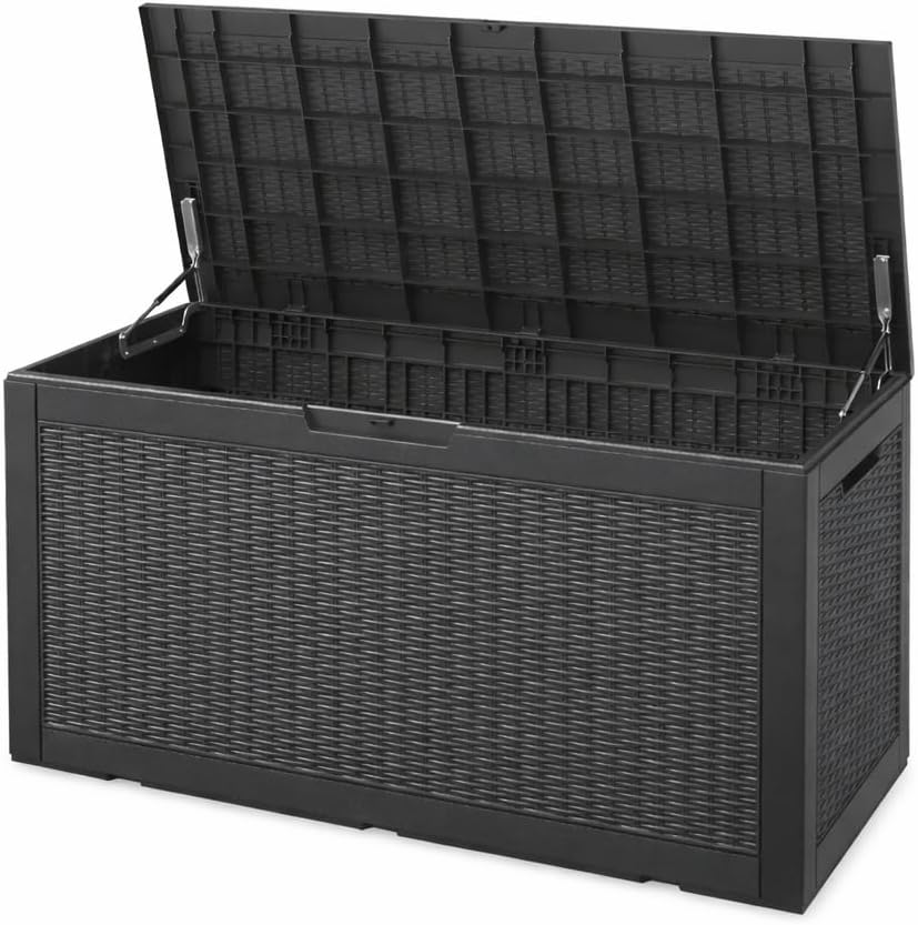 100 Gallon Resin Deck Box, Lockable Patio Outdoor Storage Box for Furniture, Garden Tools and Tools Storage, Waterproof Outside Storage Boxes - Black