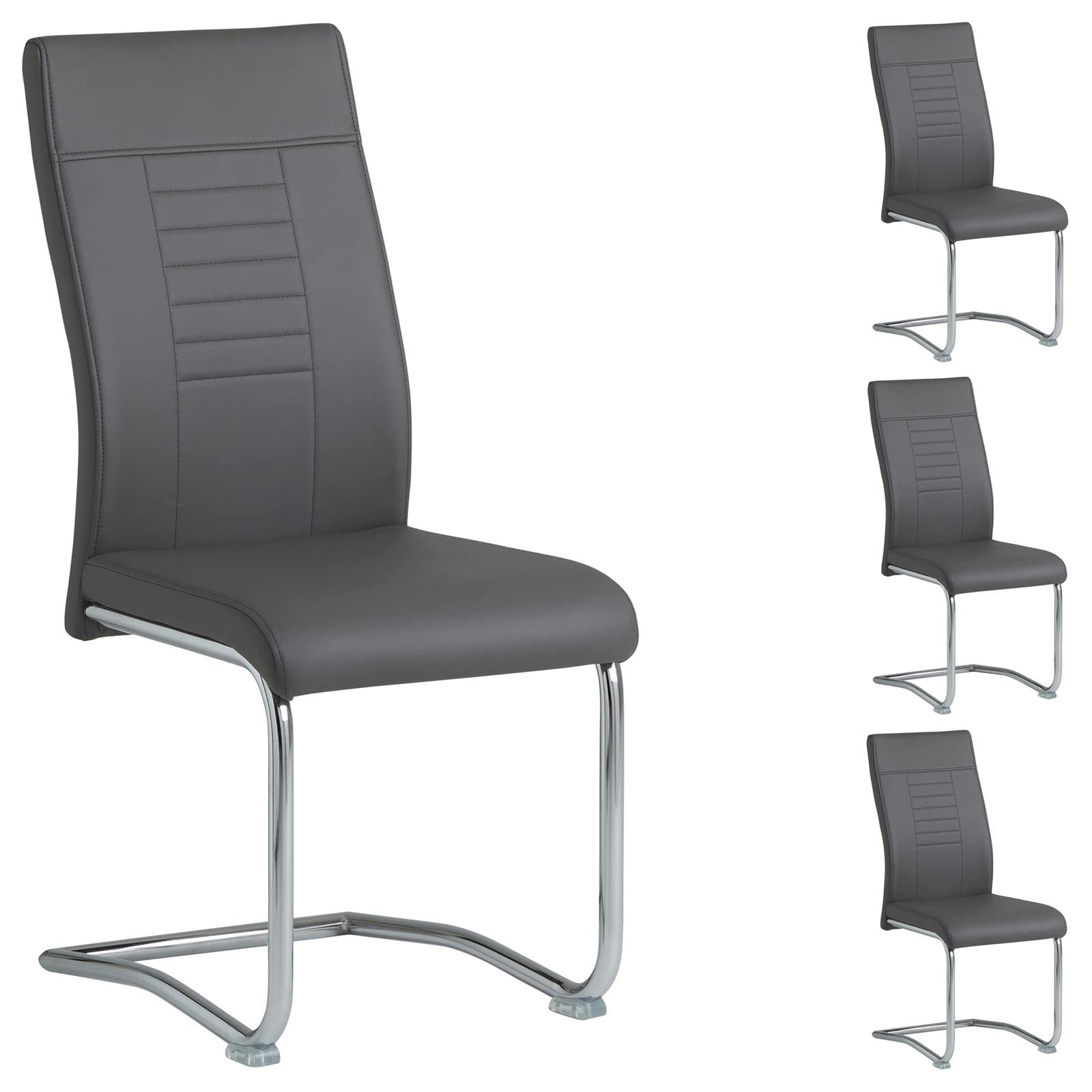 CARO-Möbel Loano - Juego de 4 sillas de comedor (estructura cromada, tapizado en piel sintética), color gris oscuro