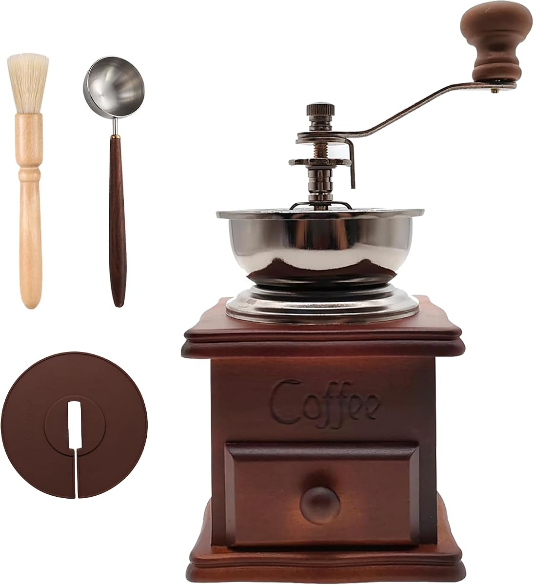 Retro style wooden handcrafted coffee grinder, ceramic hand-cranked crank, wooden handcrafted coffee grinder cleaning brush, coffee measuring spoon, dust cover (7.4 x 3.3 x 6.2 inches)