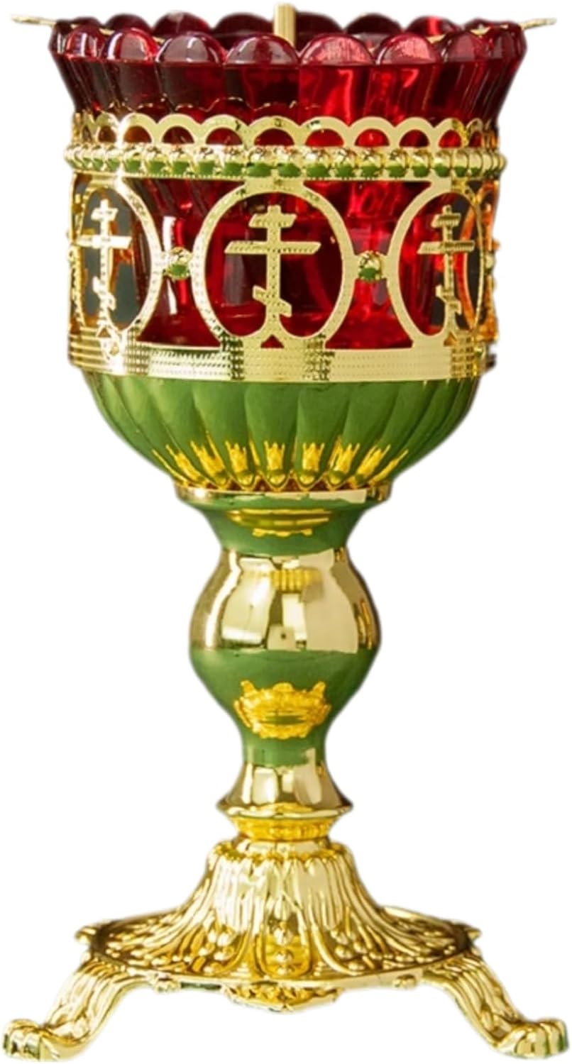 Orthodox Vigil Lamp Gold Plated Metal Red Glass Candle Holder with Cross Motifs for Church Home Shrine Religious Devotion (7.1In)