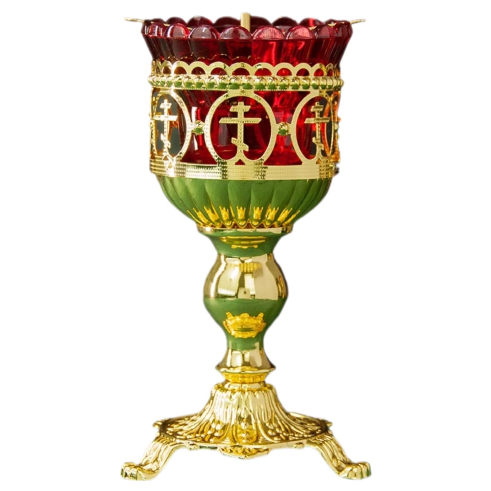 Lampada ortodossa per chiesa ortodossa, portacandele ortodossa placcata oro con tazza di vetro rosso, lampada a olio con design a croce a 3 barre per preghiera domestica, culto della chiesa