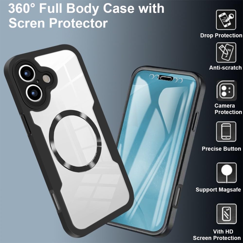 Generic Funda compatible con iPhone 15 (color: azul) funda magnética de cuerpo completo de silicona rígida transparente con protector de pantalla integrado