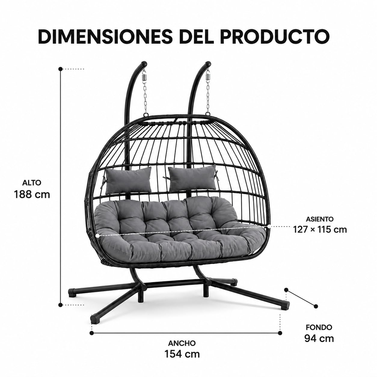 Silla Colgante Doble Huevo 2 Personas – Columpio de Ratán PE con Cojín de Alta Densidad, Doble Arco de Acero, Muelles de Alta Resistencia y Base Antideslizante para Terraza, Jardín, Balcón e Interior