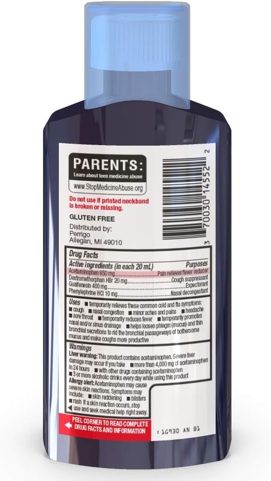Amazon Basic Care Mucus Relief Cold, Flu & Sore Throat; Helps Relieve Common Cold and Flu Symptoms, 6 Fluid Ounces