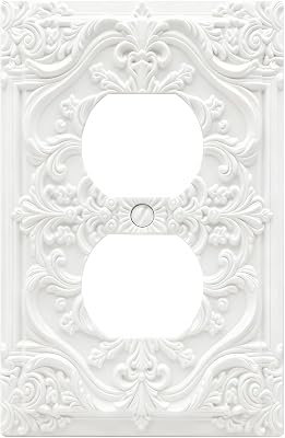 Victorian Floral Duplex Outlet Cover Plate Ornate Baroque Embossed Decorative Wall Plate Light Switch Cover for Bedroom Living Room Bathroom French Country Home Decor -Ivory White Finish