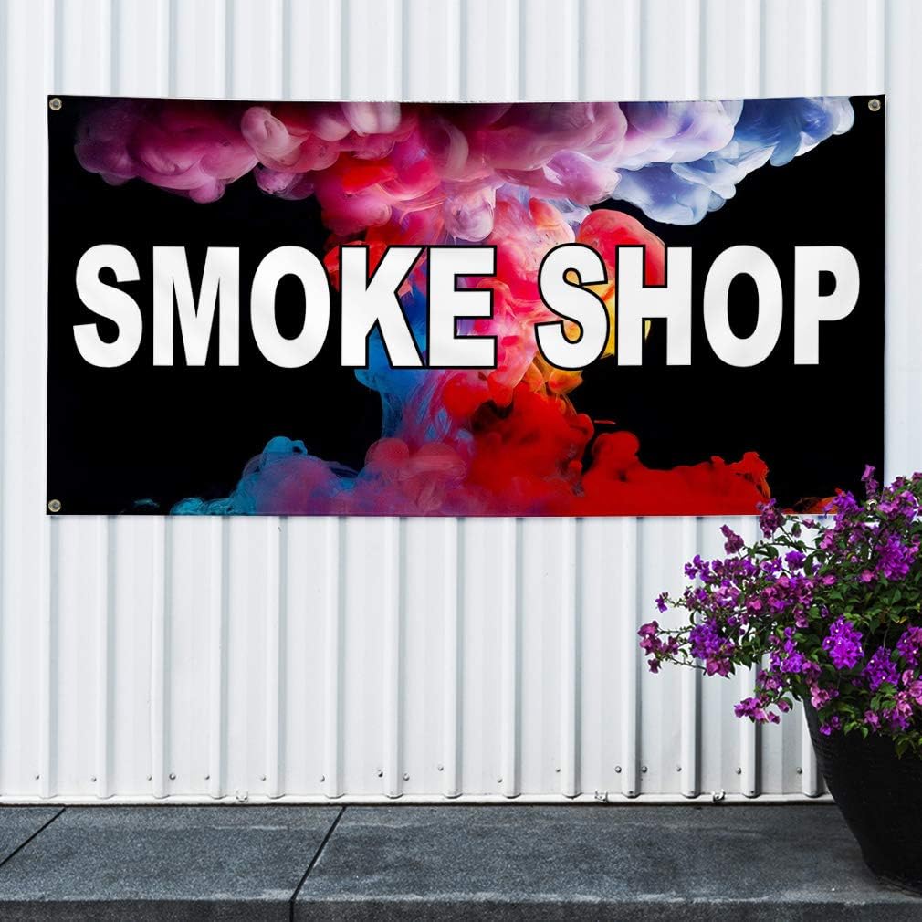 Vinyl Banner Sign Smoke Shop Business Smoke Shop Outdoor Marketing Advertising White - 24inx36in, 4 Grommets, One Banner