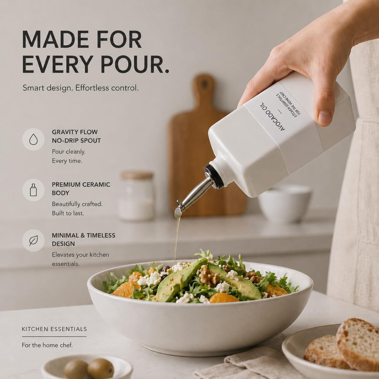 Ceramic Olive Oil Dispenser Bottle for Kitchen, Set of 2, 500ml / 16.9oz Oil and Vinegar Dispenser with Automatic Pourer, White Ceramic Oil Cruet Bottles with Labels and Stainless Steel Spouts image 5