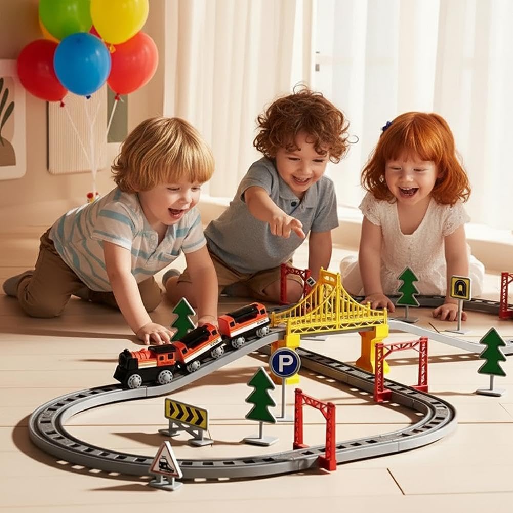 Electric Train Set, DIY Tracks Set with Train Car Tracks Bridge Road Sign,Train-Track Accessories Playset, Simple Assembly (62PCS)