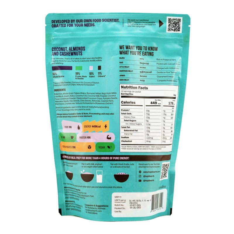 Image of Hapli Earth 6 Millet Muesli | Coconut, Almonds & Cashewnuts | 10g Protein, High Fibre | Healthy Breakfast Cereal with Rolled Oats, Coconut Chips & 4 Seeds | No Palm Oil, No Preservatives | 400g