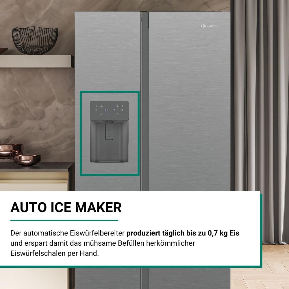 Bauknecht SBS IW E90 Pearl Side by Side Kühl-Gefrierkombination/ 25 Jahre nachgewiesene Zuverlassigkeit und Lebensdauer-Inverter Kompressor/Wasser- und Eiswürfelspender/Dual Cool Total NoFrost