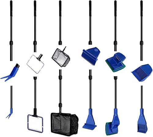 Aquarium Cleaning Tool Set, Fish Tank Cleaning 6-in-1 Set with Nets, Sponge Brush, Plant Fork, Scraper, Rake
