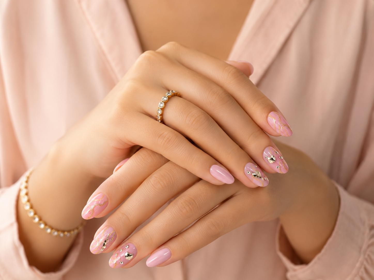 Pink Almond Artificial Nails for Women | Glossy Nail Art Design with Gold Accents | Long Lasting Reusable False Nails | Fashion Nails for Party, Wedding & Daily Wear(Jelly Glue Adhesive Tabs) (Dark Pink) 24 pieces