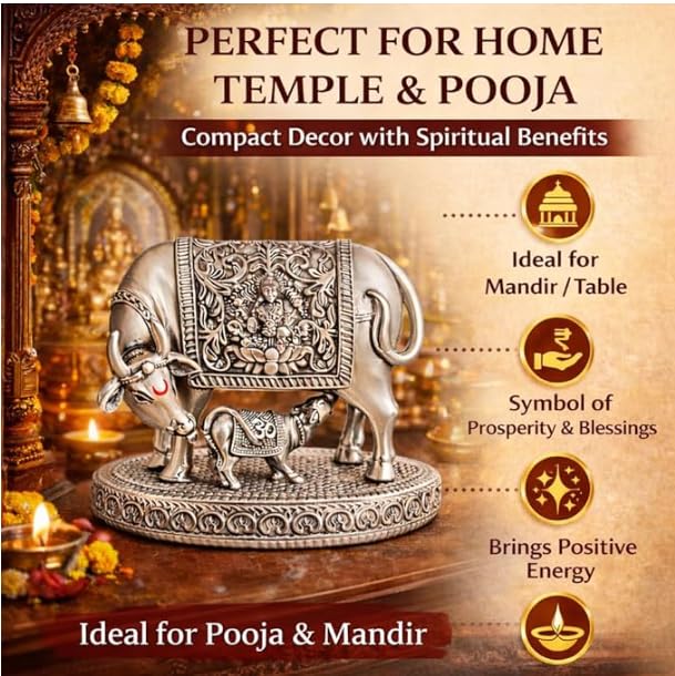 Image of KYAT 999 Pure Silver Plated Kamdhenu Cow with Calf Idol | 2.5 Inch Vastu Showpiece for Pooja Room & Mandir | Symbol of Prosperity & Wealth | Diwali Griha Pravesh Gift