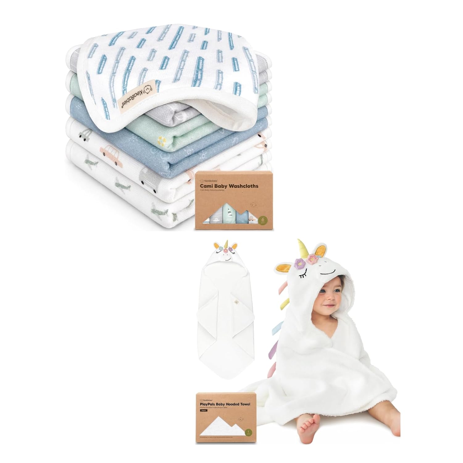 KeaBabies 6-Pack Cotton Baby Washcloths for Newborn, Kids and Baby Towel with Hood for Girls, Boys - Cotton Muslin Soft Wash Cloths for Infant, Super Absorbent Newborn Bath Essentials