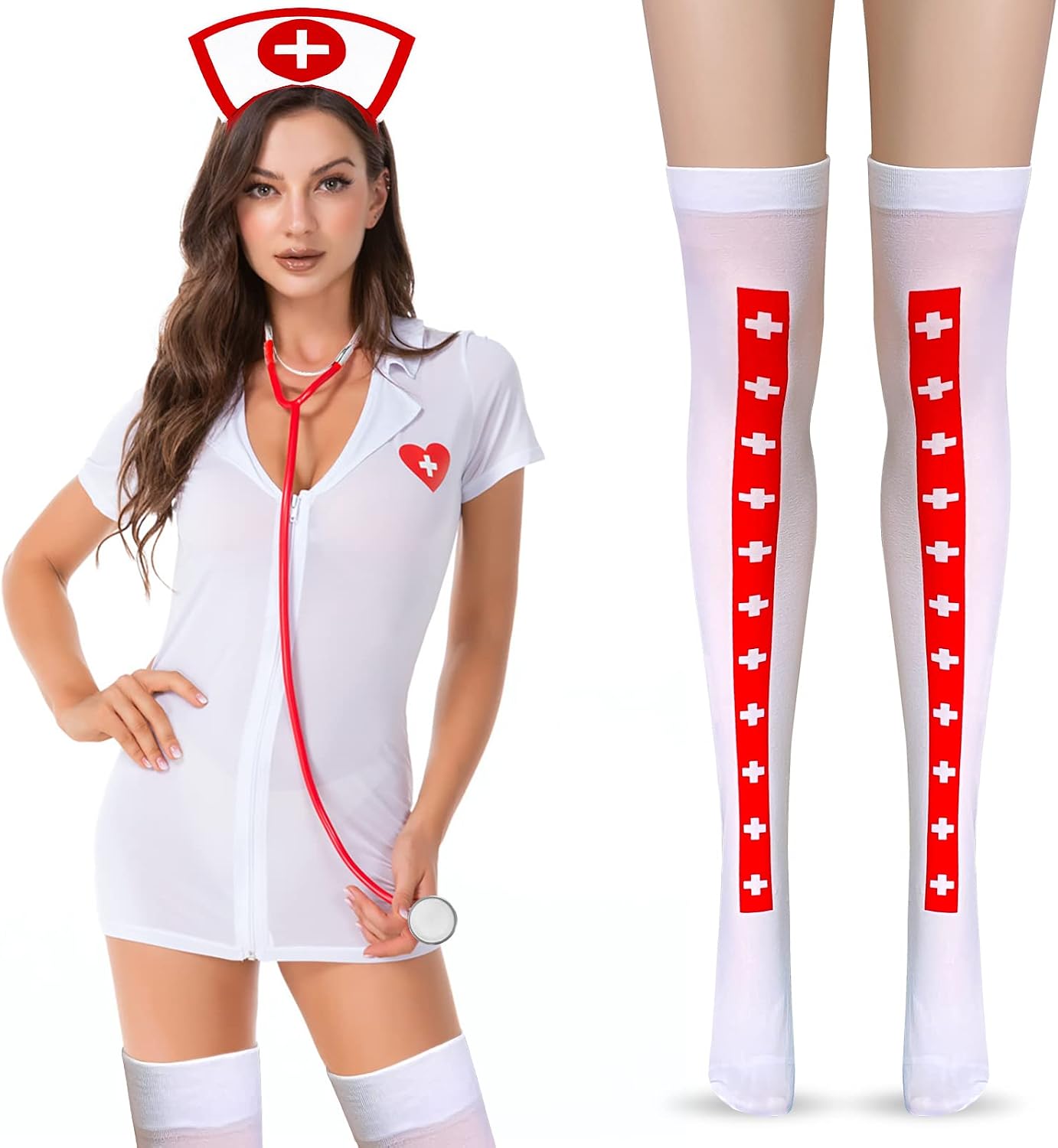 Hikkcos 4Pcs Halloween Nurse Headband Costume Women Accessories Hat Cosplay Set Party Supplies, White