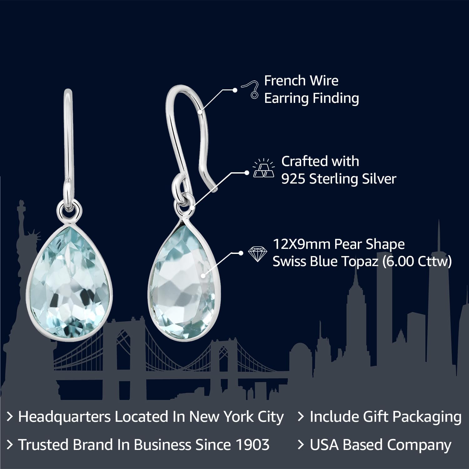 Gem Stone King 6.00 Cttw Swiss Blue Topaz Earrings In 925 Sterling Silver | Pear Shaped 12X9MM | Gemstone Birthstone | Drop Dangle Teardrop Earrings For Women - Image 2