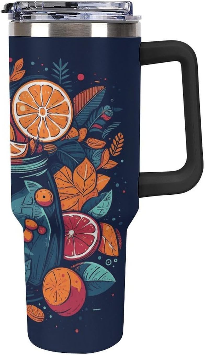 Large Car Cup with Handle&Lid Fashion Hand Drawn Fruit Pattern Tumbler Sturdy Insulated Water Bottle Stainless Steel Vacuum Travel Mug Portable Coffee Cup for Home Outdoor 40 Oz Black-style