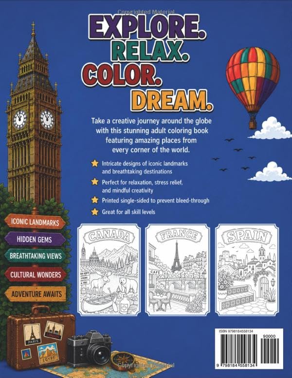 Travel the World Coloring Book: 50 Famous Countries, Iconic Landmarks, Geography, Scenic Destinations & Stress Relief (Travel Colouring Books) image 3
