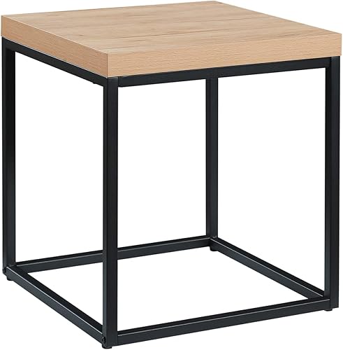 CENSI Mesa auxiliarmesa auxiliar de roble natural, moderna mesa de noche cuadrada industrial de madera y metal (madera clara)