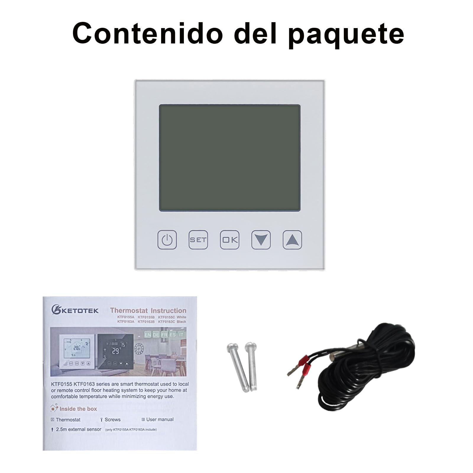 KETOTEK WiFi Termostato Calefaccion Suelo Radiante Electrico 16A con Sonda Compatible con Alexa, Inteligente Cronotermostato Termostato Ambiente Programable 220V Tuya/Smart Life App Control Blanco