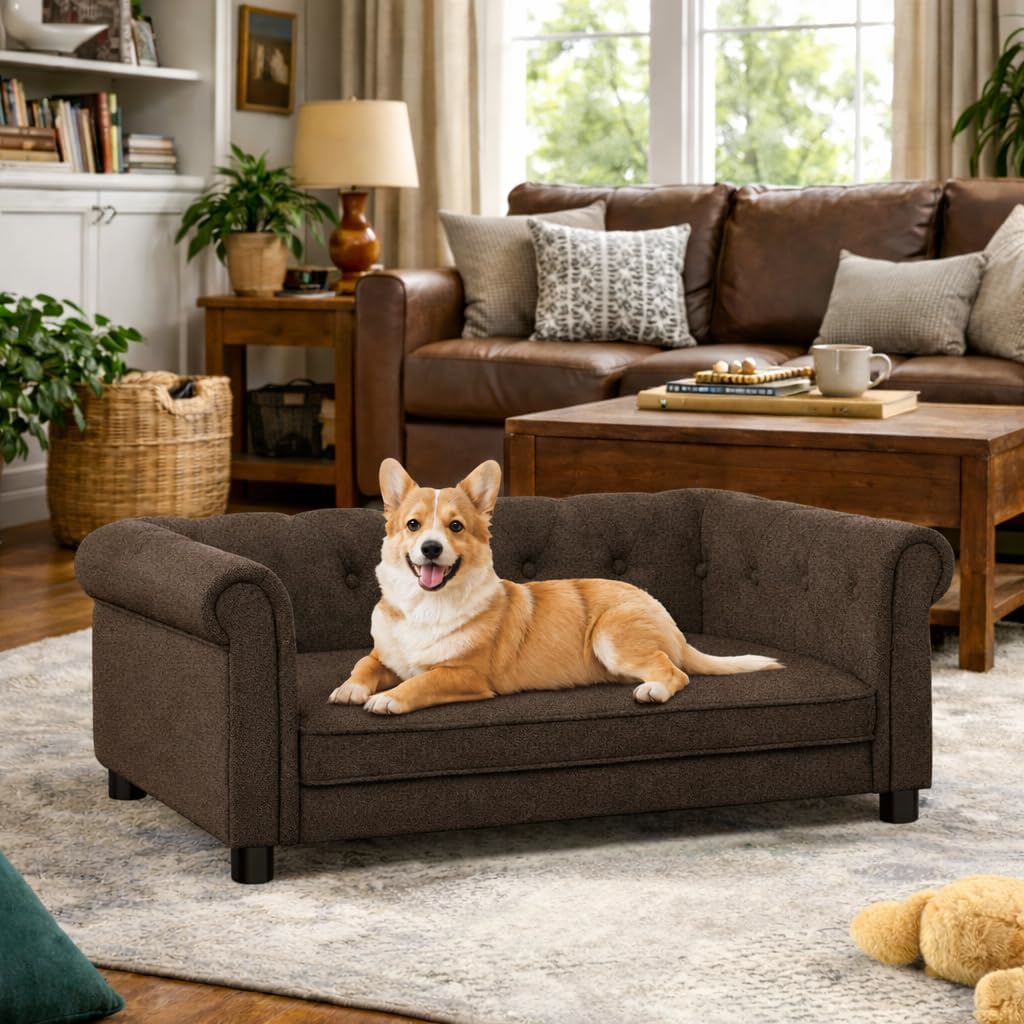 Dog Sofa Couch for Small to Medium Dogs, Elevated Dog Sofa, Modern Linen Fabric Pet Sofa Bed with Elevated Design, Indoor Elevated Dogs Chaise Bed for Doggy, 38.9" Pet Bed