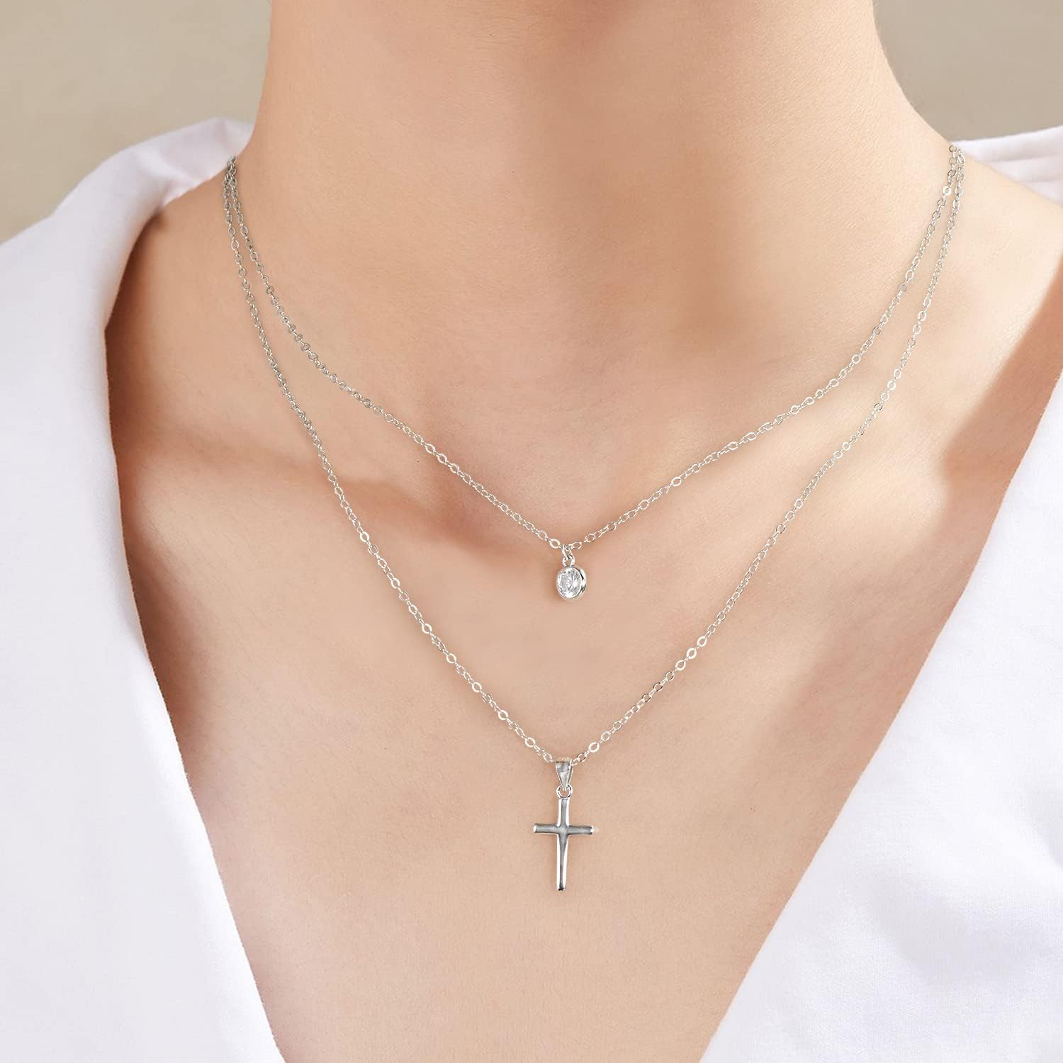 Cross Necklace for Women, Double Chain Layered Necklace 925 Sterling Silver Cubic Zirconia Pendant, Christmas Mother's Day Birthday Gift 43+5 cm. - Image 4