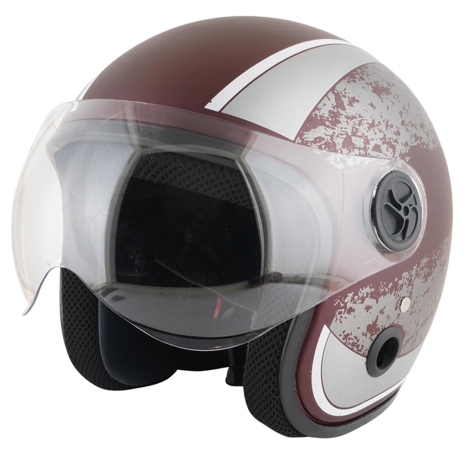 Sage Square Aesthetic New Graphics Open Face Helmet | ISI Certified | Clear Visor | Comfort Inner Padding | Designed for Extra Comfort & Style (WineRed Matte-Silver Decal)-image-31