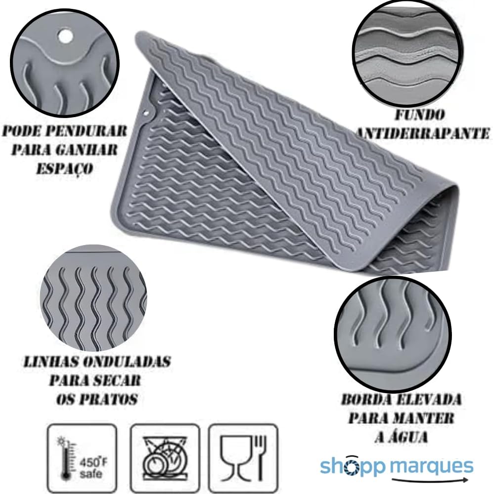 Tapete Escorredor de Louça Silicone Antiderrapante, Resistente ao Calor, Fácil de Limpar, para Cozinha, Louças e Utensílios - Tamanho (40x30cm)