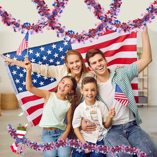 Image of 50FT 4th of July Decorations Red White Blue Star American Flag Tinsel Garland, Glitter Patriotic Garland for Memorial Day Decor Fourth of July Independence Day Outdoor Indoor Home Party Supplies