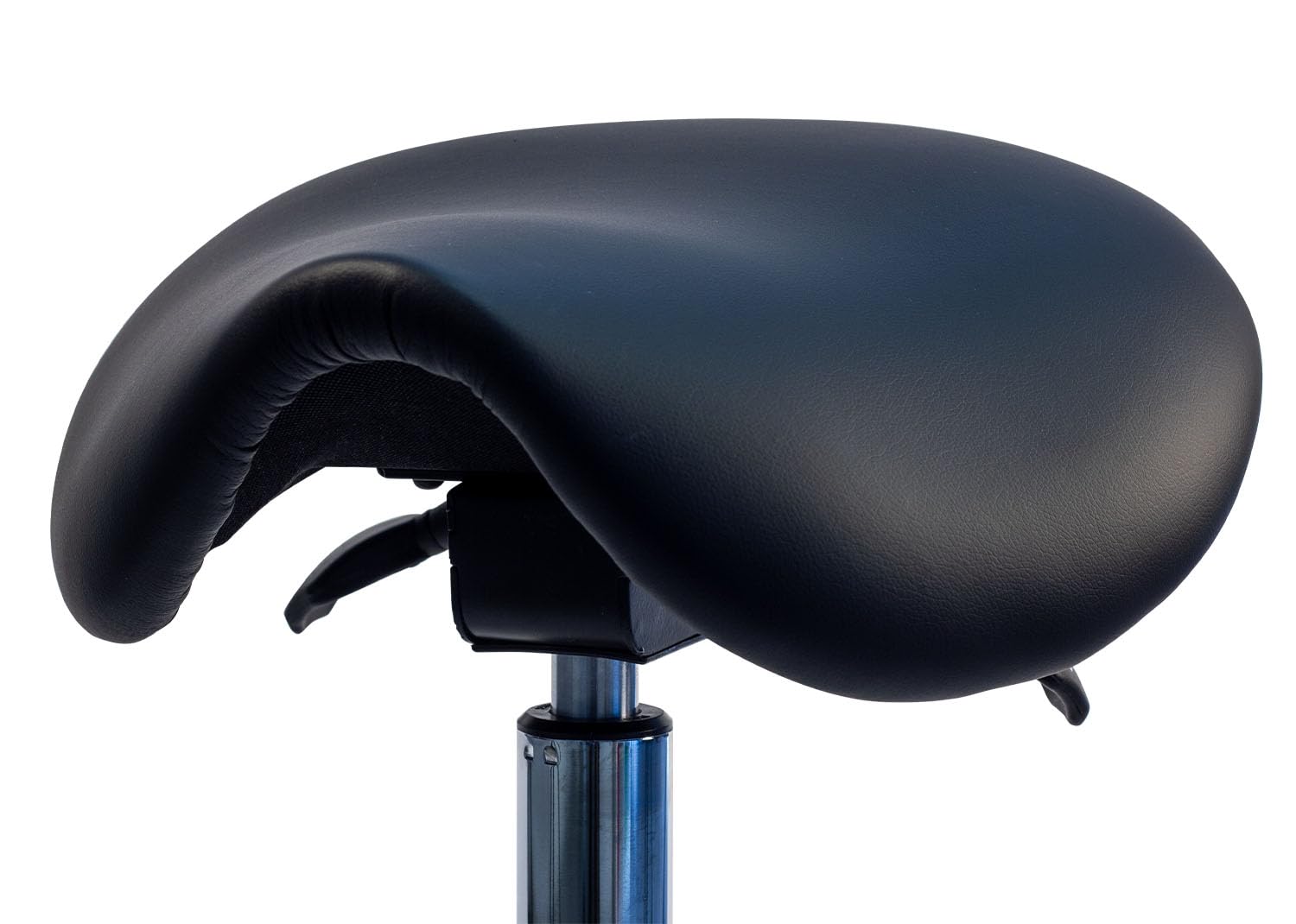 Ergolutions® Ergonomischer Sattelhocker - Belastbar bis 150kg, Bis 86cm Höhe, Rollhocker mit Federung, Veganer Lederbezug, Therapiehocker, drehbare Universalrollen, Schwarz