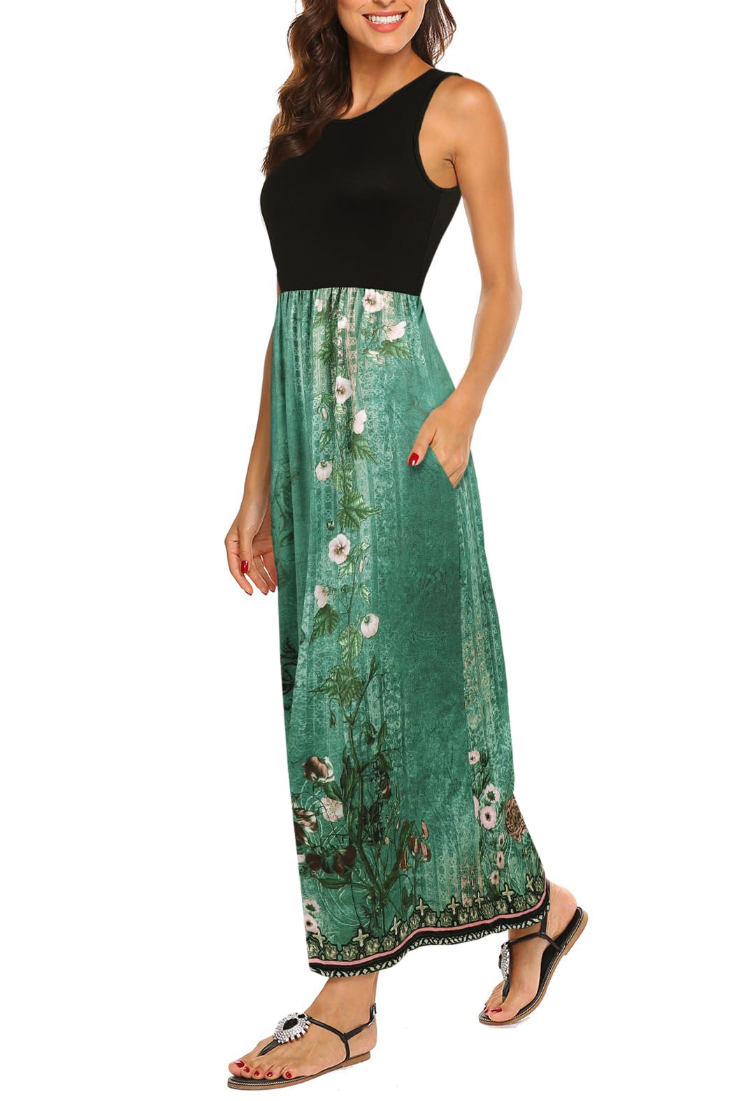 BDTECAOR Maxikleid Damen Sommer Boho Ärmellos Strandkleider Lässige Lange Tank Kleid mit Taschen