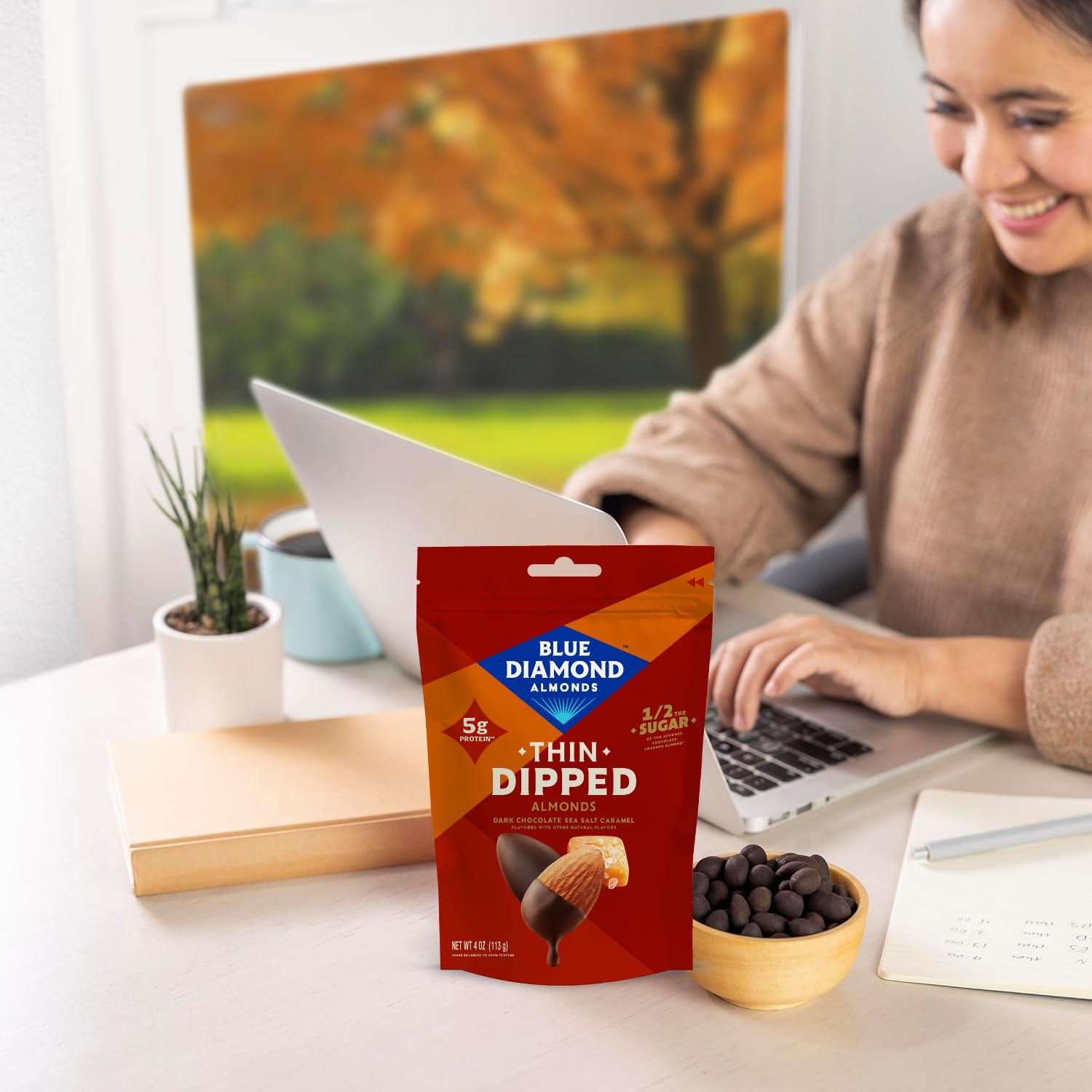 Blue Diamond Almonds, Dark Chocolate Sea Salt Caramel Covered Thin Dipped Snack Nuts for Guilt-Free Snacking with Half the Sugar, Perfect for Gathering, Holidays, or Craving a Sweet Treat, 4oz. Resealable Bag