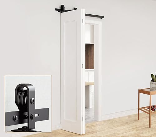 44" Bifold Barn Door Hardware Kit for 2 Panels, Black Track and Top Mounted Heavy Duty Roller Bi-Folding Sliding Barn Door Hardware Kit, Fit Door