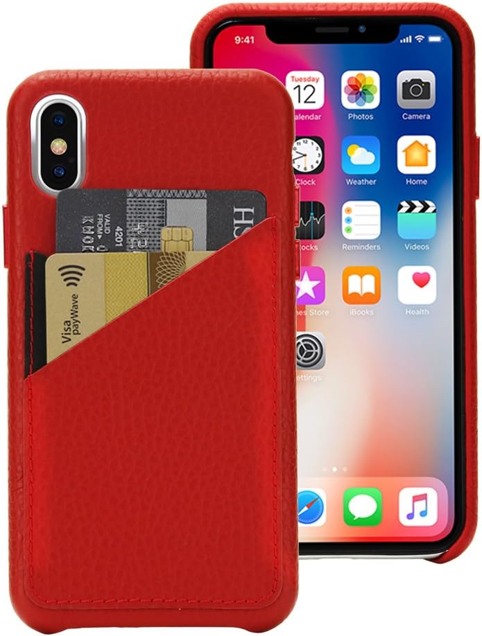 Cassenger Slim Fit Genuine Italian Leather Hard Back Case Protective Cover Snap On Case with 2 Card Holder Slots Compatible with iPhone Xs-Red