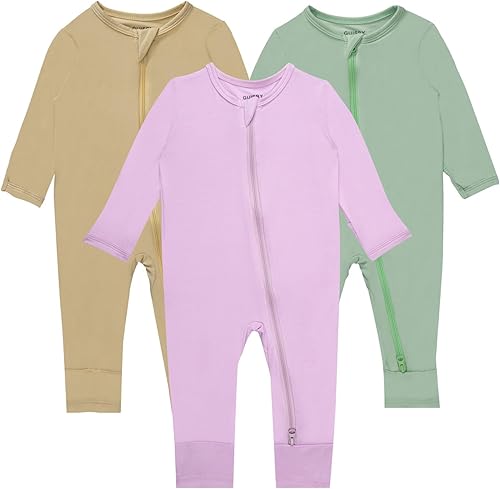 Miniatura 1 de GUISBY Pijama para bebé con puños de manopla, 3 piezas, para niñas y niños, con cremallera de 2 vías, manga larga, rayón
