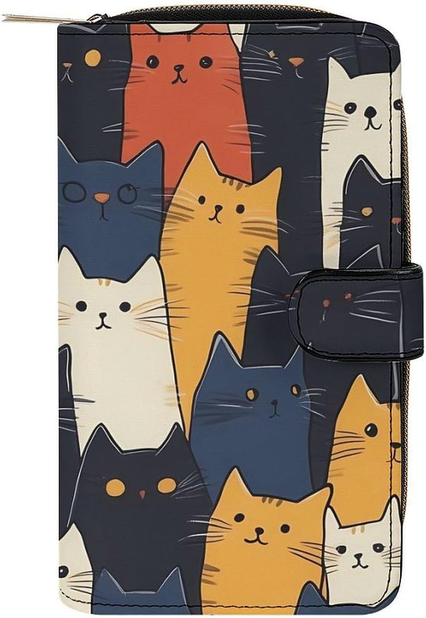 Colorful Cartoon Cats Pattern Funny Long Slim Bifold Wallet Card Holder Purse with Buckle for Men Women