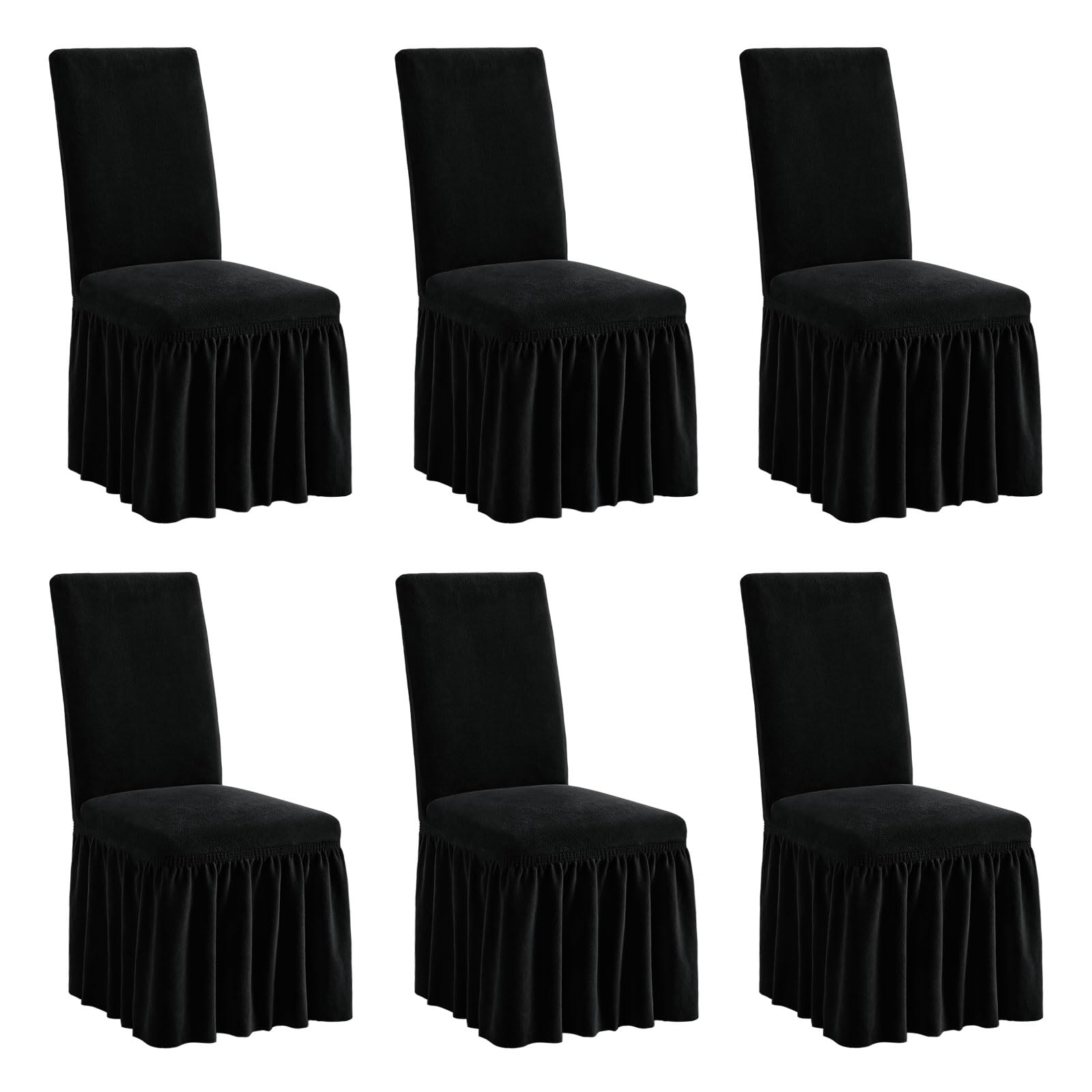 NICEEC Plush Chair Covers for Dining Chairs Covers Set of 6 Removable Black Thick Dining Room Chair Covers with Skirt Warm Parson Chair Slipcovers Washable Chair Protector for Kitchen Wedding