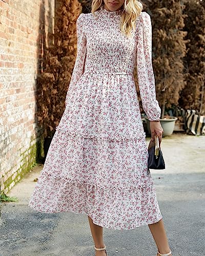 Image of NOLLSOM Women 2026 Spring Dress Floral Boho Dress Casual Long Sleeve Crew Neck Ruffle A-Line Flowy Wedding Guest Maxi Dresses