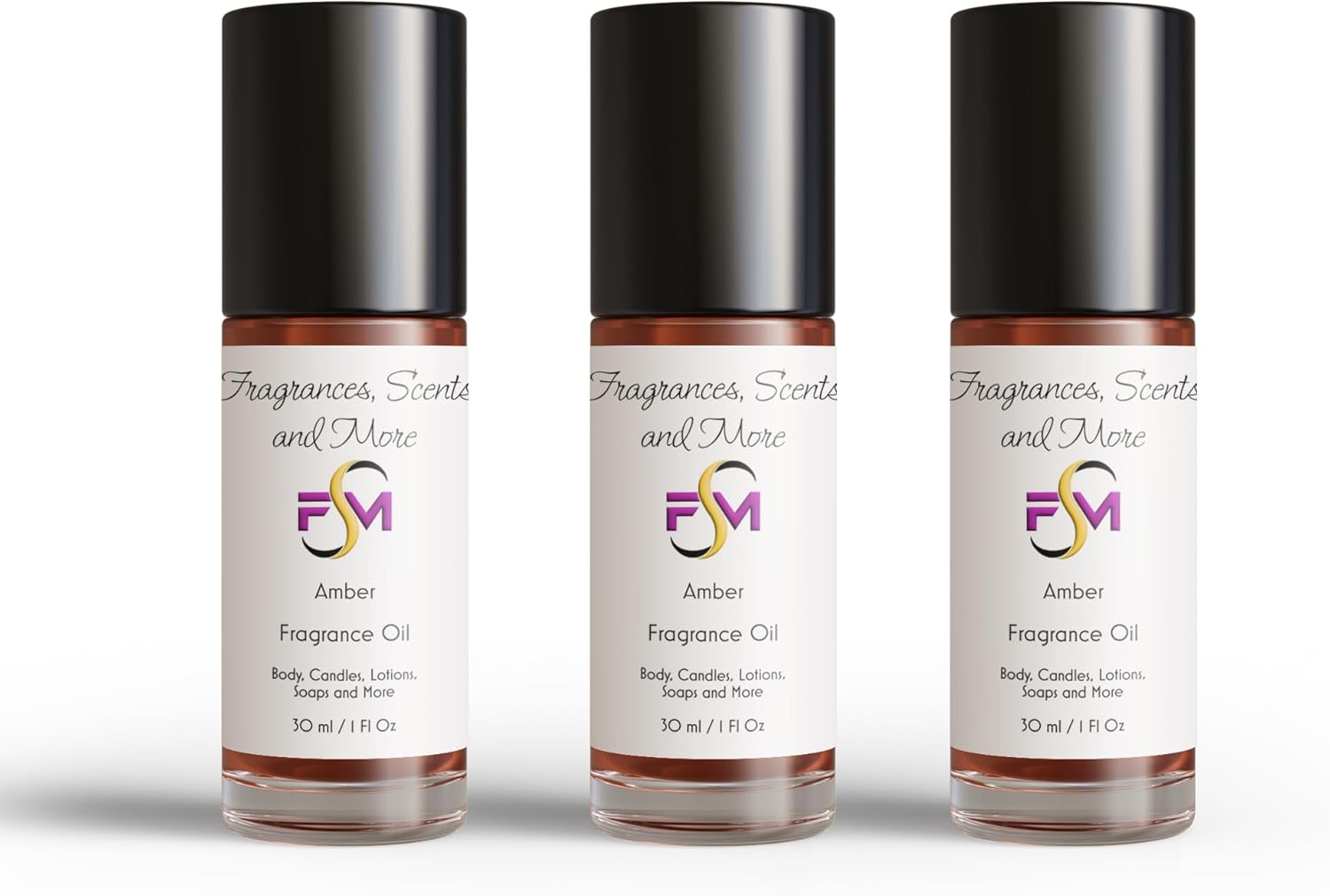 Amber Fragrance Oil - 3 Bottles 1 Fl Oz Glass Roll On (30ml)