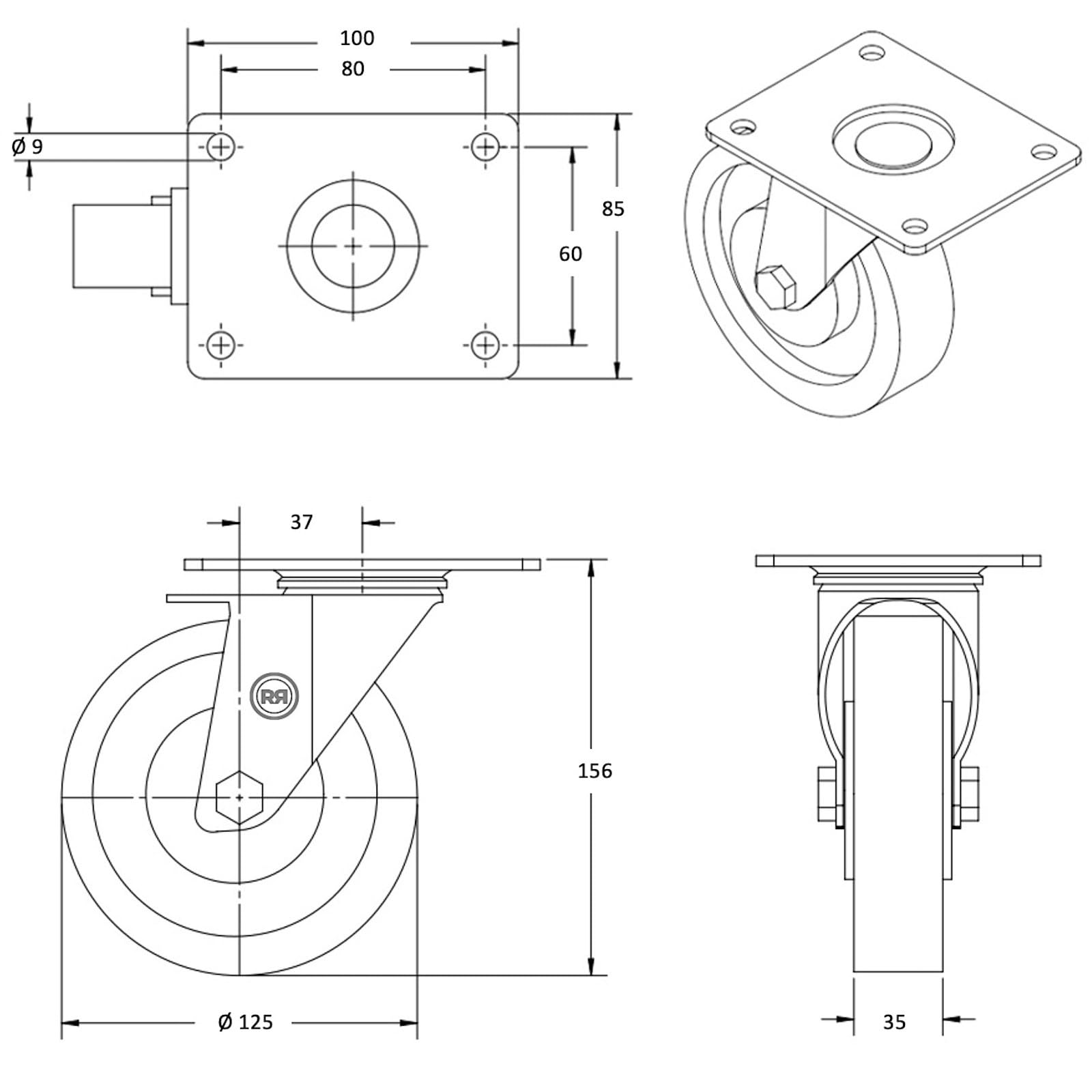 Roulette INOX pivotante diamètre 125 mm roue polyuréthane rouge - 220 Kg